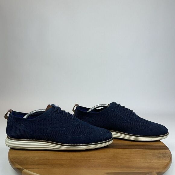 Mens Cole Haan Original‎ Grand Navy Blue Knit Comfort Wingtip Oxfords Size 10 M - Picture 1 of 10